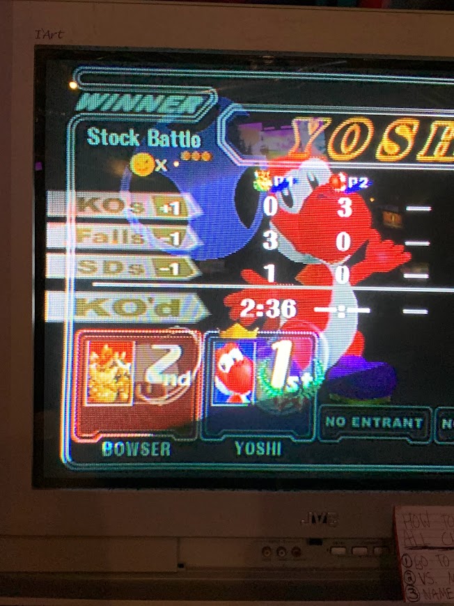 Photo of the final stats of a battle in a Yoshi battle arcade game showing Player 2 won.