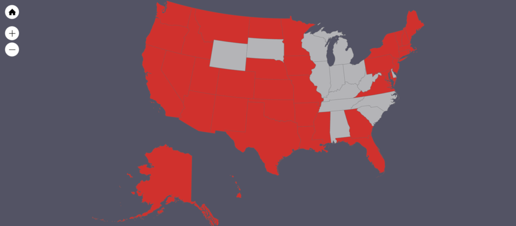 Map of the United States with some states in red and others in grey. The red states denote states we have visted.